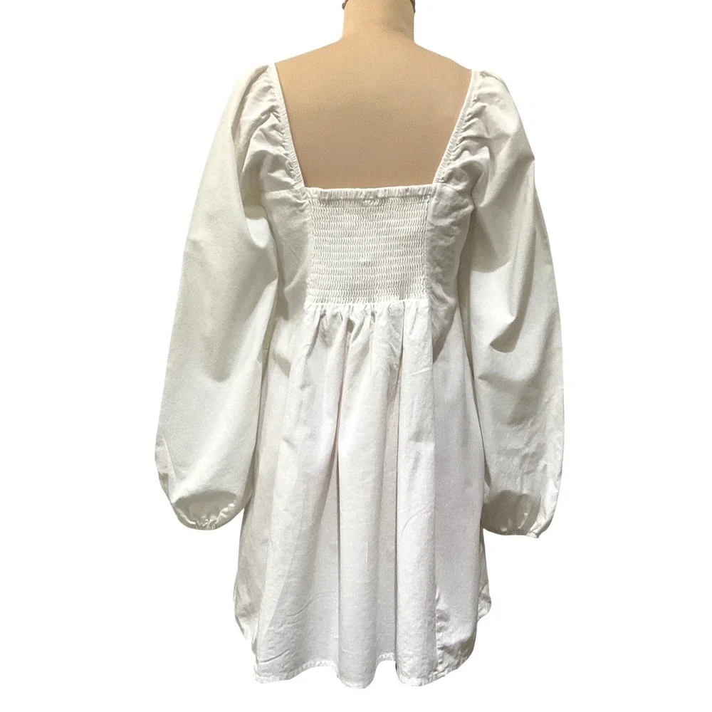 Free People White Cotton Linen Puff Sleeve Mini Dress Smocked Back Cottagecore M